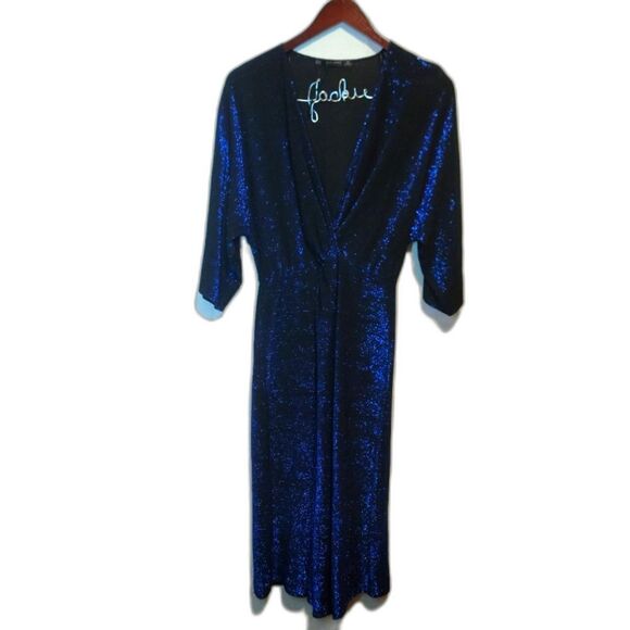 Zara Dresses & Skirts - Zara Blue Shimmer Sparkle Lurex V-Neck Crossover Midi Dress Cocktail Size XS